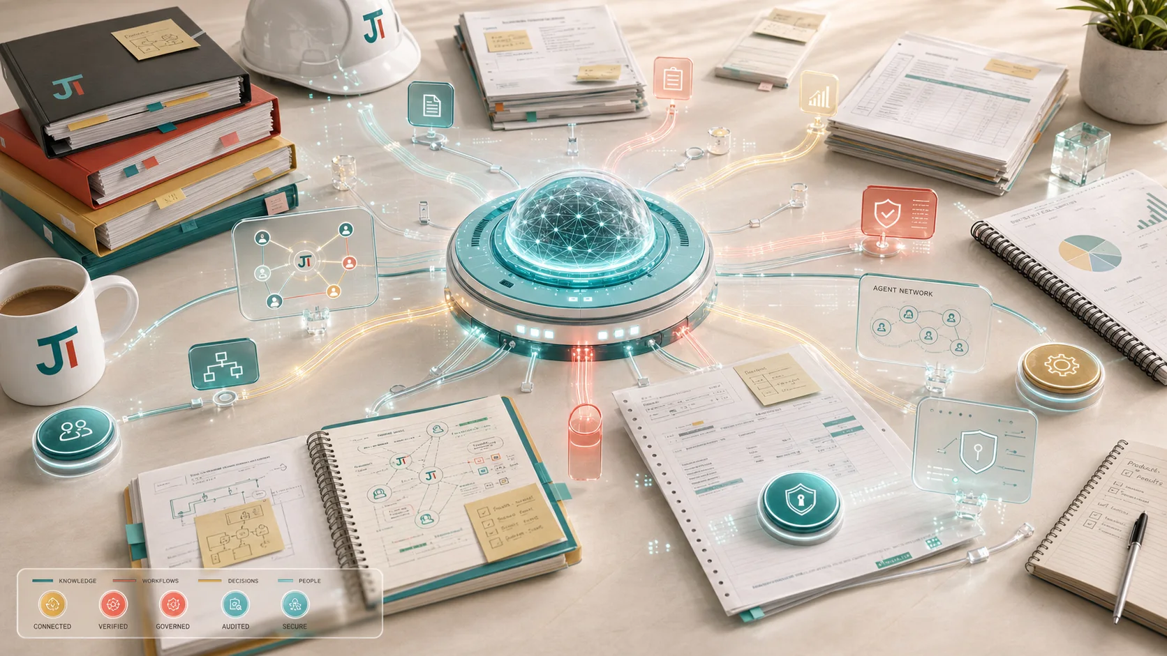 Connected internal AI system organizing documents, workflows, agent roles, permissions, and audit paths