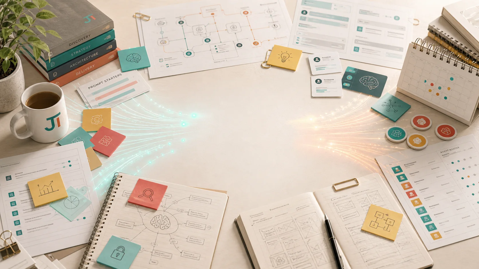 AI system sprint workshop table with prompt cards, architecture maps, agent tokens, and company documents